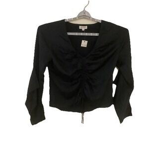 Ultra Flirt‎ Women Junior LX Top Black Long Sleeve V-Neck Ruched Front with Tie